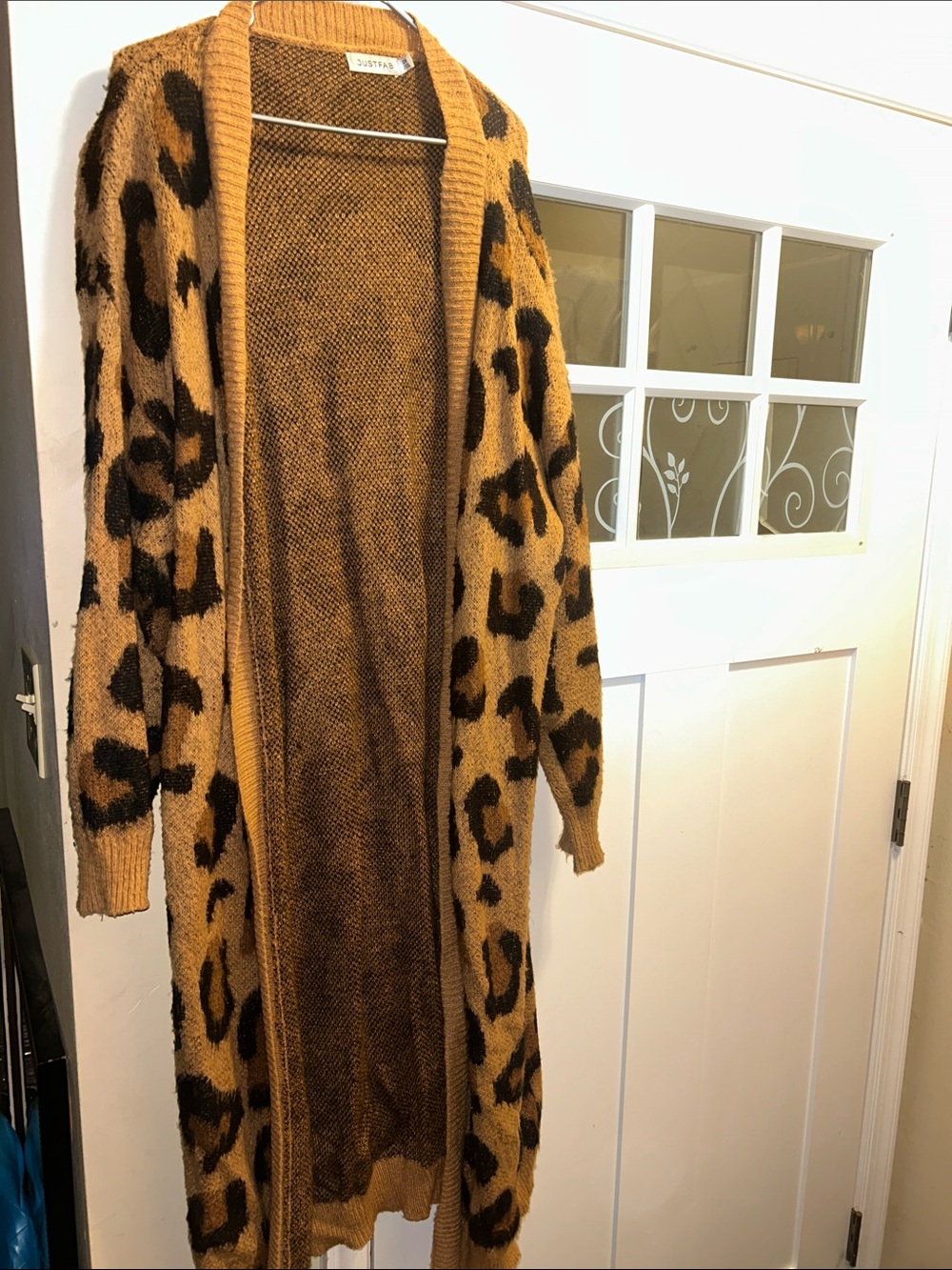 JustFab Leopard-Print Long Open Cardigan in Camel and Black